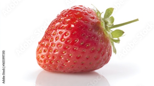 Juicy strawberry with visible seeds, isolated on white backdrop, symbol of freshness and health.