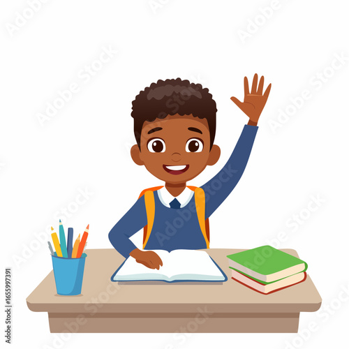 Young Student Eager to Learn: A bright-eyed elementary student, radiating eagerness and intellectual curiosity, raises his hand to participate in class. Illustrated in vibrant, cheerful tones.