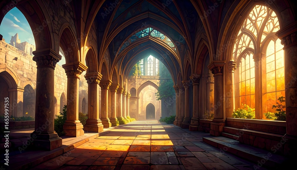 Obraz premium Sunlit Gothic Cloister Ruins with Stone Columns and Arched Windows