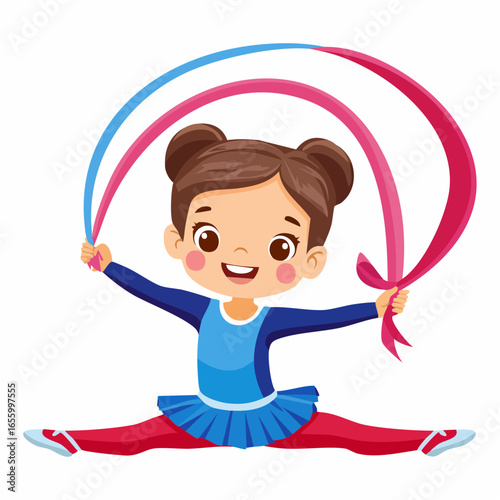 Gymnastics Brilliance: A young gymnast elegantly performs rhythmic gymnastics, showcasing skill, grace, and flexibility through precise ribbon manipulation in a dynamic, vibrant illustration.