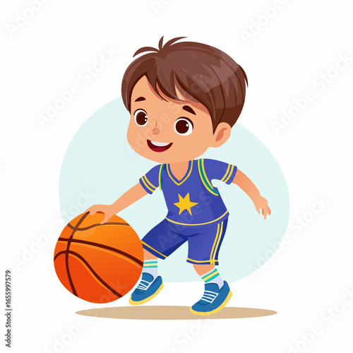 Young Basketball Star: A charming young boy, full of energy, skillfully dribbles a vibrant orange basketball, embodying the spirit of sports and athleticism with this illustration.