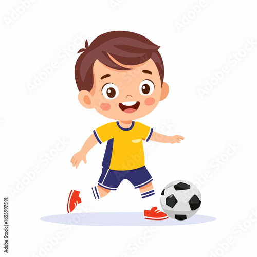 Little Player, Big Dreams: A cheerful young athlete, radiating joy as he dribbles a soccer ball on a vibrant pitch, embodying the spirit of the beautiful game and youthful exuberance.
