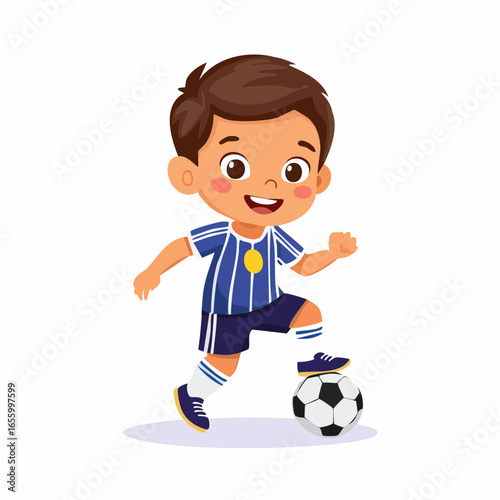 Young Soccer Player: A cheerful young boy, brimming with enthusiasm, is depicted skillfully maneuvering a soccer ball, embodying energy, skill, and the spirited essence of the game.