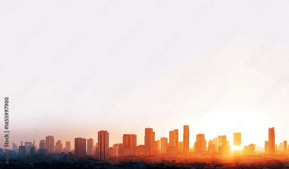 Fototapeta premium Simple city skyline with building silhouettes against rising sun, showcasing calm and serene atmosphere with white sky and orange hues