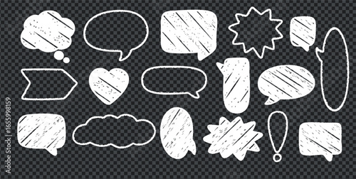 Crayon talk speech text in a chalk doodle box frame set. Crayon talk vector illustration of comic bubbles, sketch clouds, a chat sign, and a chalkboard texture bg for design use.