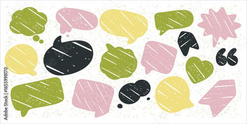 Crayon talk speech text frame hand box cloud shapes in pastel style. Crayon talk bubble vector doodle illustration with comic cartoon design, cute chat label and rough paper bg texture.