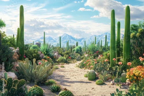 Desert landscape with cacti and mountains