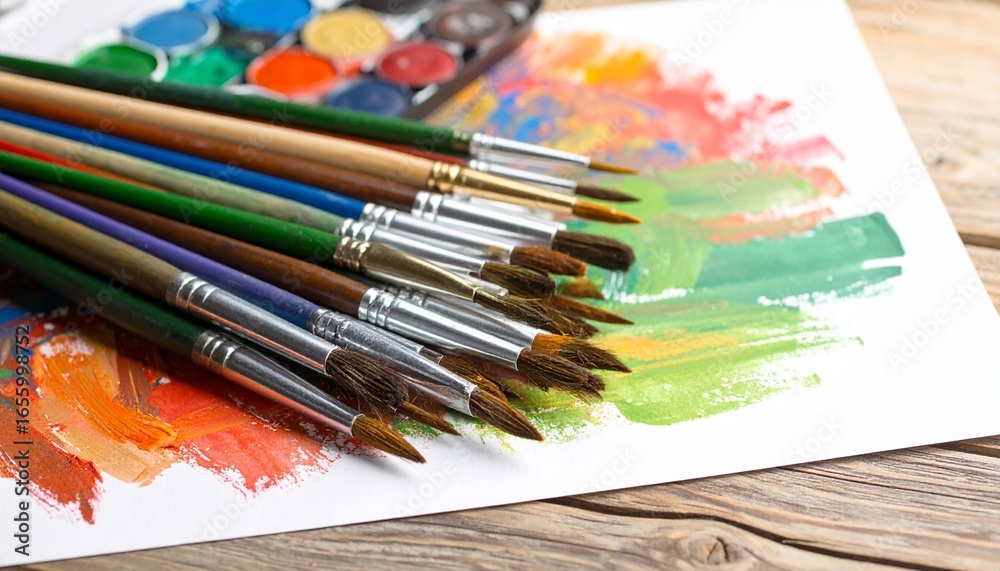 Obraz premium A variety of artist paintbrushes lie on a sheet of paper with colorful watercolor swatches.