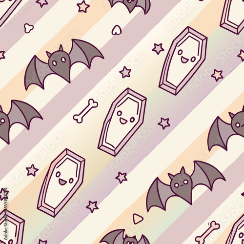 Cute cartoon bats and coffins with stars and bones pattern halloween