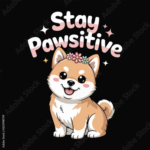 Cute shiba inu dog with flower crown and stay pawsitive text