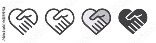 Heart handshake outline and filled icons collection. Editable stroke for line versions. Isolated vector illustrations.