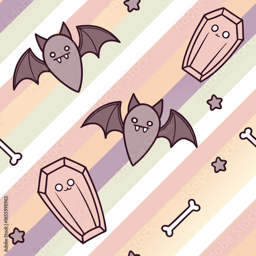 Cute cartoon bats coffins and bones on pastel striped background halloween star