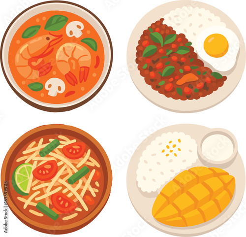 Traditional Thai Food Vector Set – Tom Yum, Pad Kra Pao, Som Tam, Mango Sticky Rice
