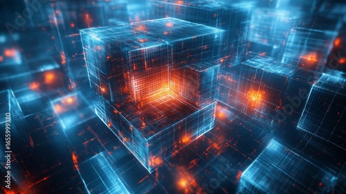 Abstract representation of a futuristic digital network grid with glowing blue wireframe cubes and vibrant orange data flow, signifying advanced AI, big data, and cyber technology infrastructure.