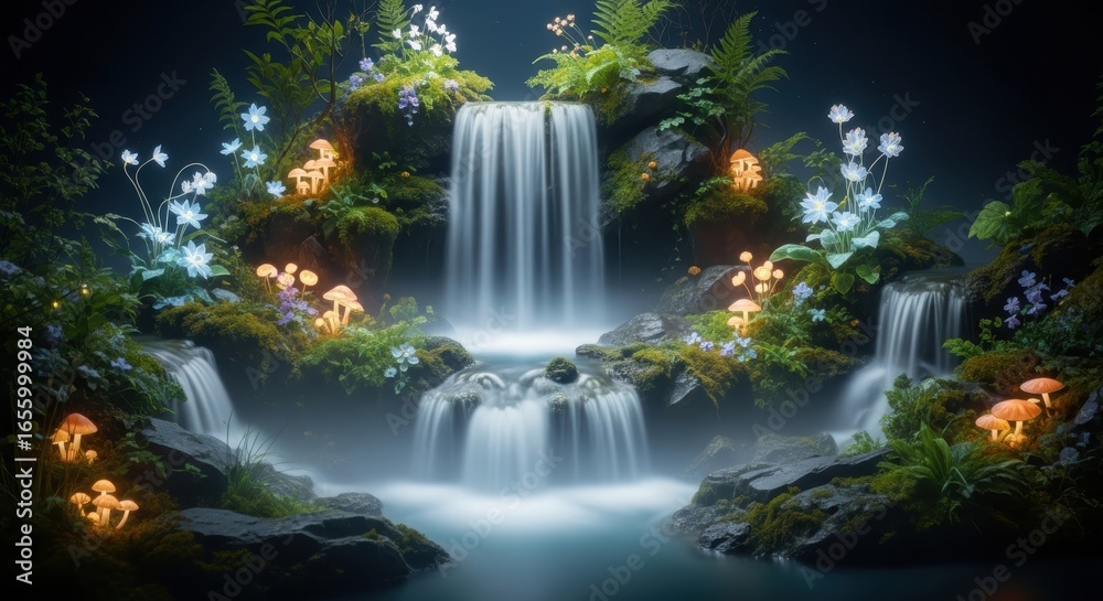 Obraz premium Enchanted Waterfall: A Serene Night in a Mystical Garden