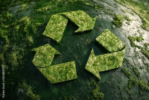 Green recycle symbol on mossy surface art