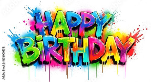 A graffiti-style artwork with bold paint brush strokes forming the words Happy Birthday