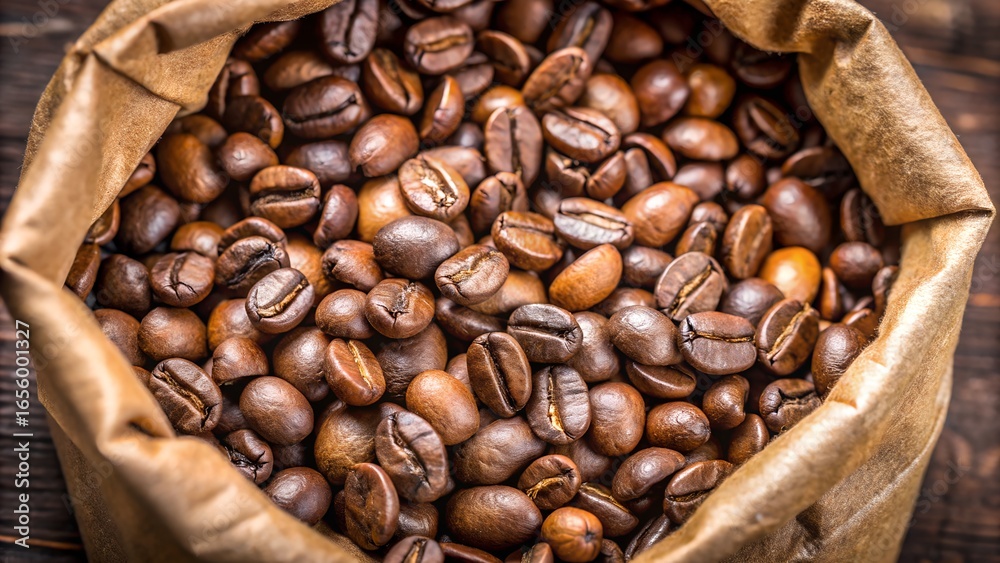 Fototapeta premium Close up of roasted coffee beans in a paper bag