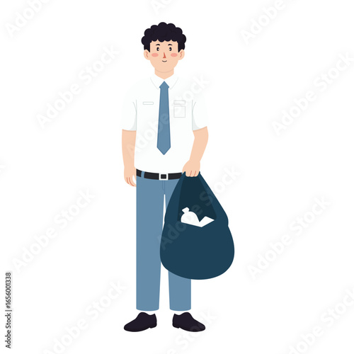 Illustration of Student Holding Trash Bag