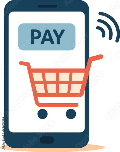 Mobile payment concept, smartphone with shopping cart, flat 2D vector illustration