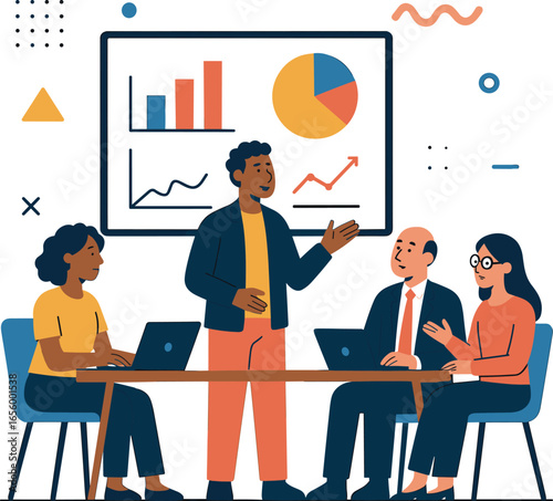 Flat vector illustration of a diverse team in a modern office meeting, discussing charts on a big screen, minimal corporate memphis style on white background