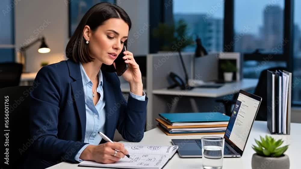 Woman Talking on Phone and Writing Notes in Office Environment Woman Talking on Phone and Writing Notes in Office Environment