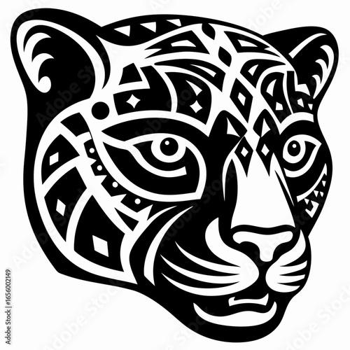 Vector illustration of a jaguar head with a geometric Aztec design
