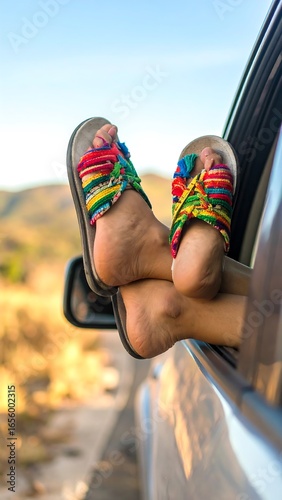 Relaxed feet in colorful sandals by a car window