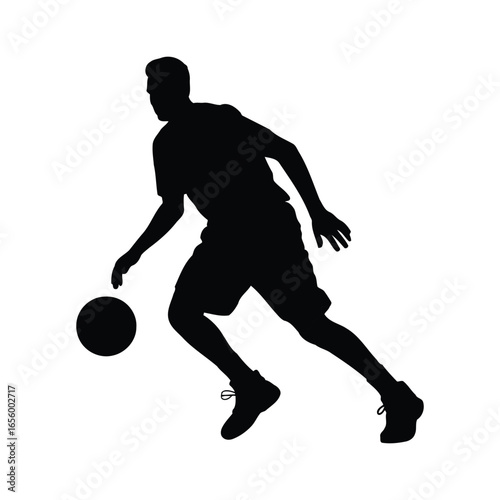Silhouette of a basketball player dribbling the ball on a white background