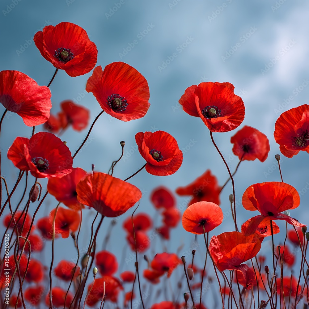 Obraz premium Crowds of red poppies swaying gently in the wind against a blue sky background on VE Day #VEDay , remembrance, flowers.