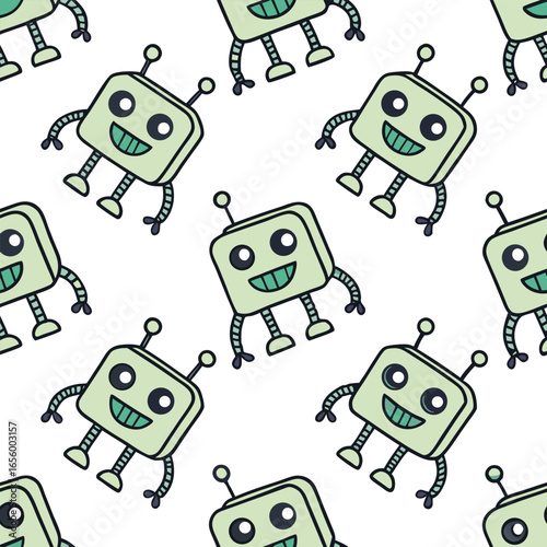 Cute cartoon robots with antennae and segmented arms and legs character illustration