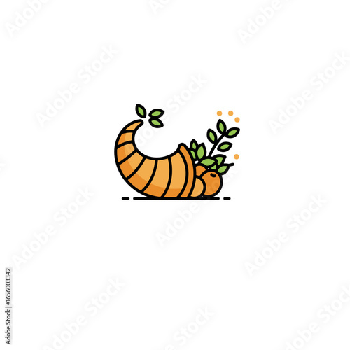 Colorful orange cornucopia with leaves and fruits in swirling design. Thanksgiving creative symbol, harvest and fall celebration
