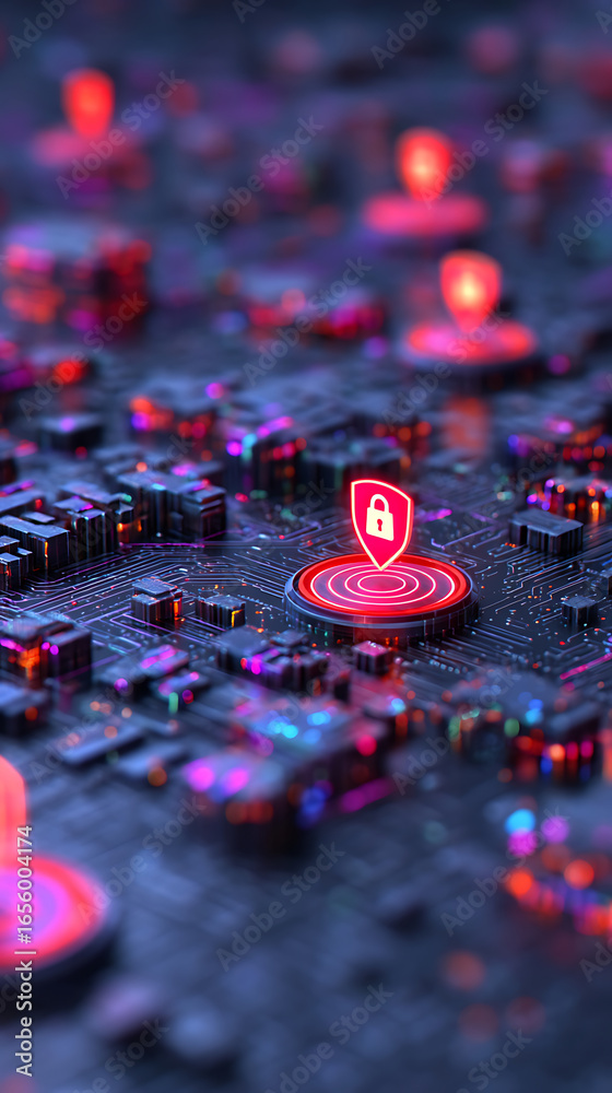 Fototapeta premium Digital network with security icons on a circuit board, showcasing technology and data protection themes.