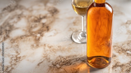 Closeup of elegant wine glass and bottle on marble, highlighted in warm amber lighting.