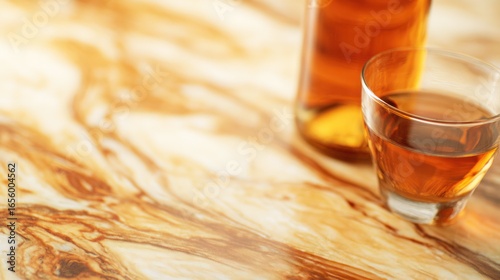 A closeup of a wine bottle and glass on marble, bathed in warm amber tones with a blurred background.