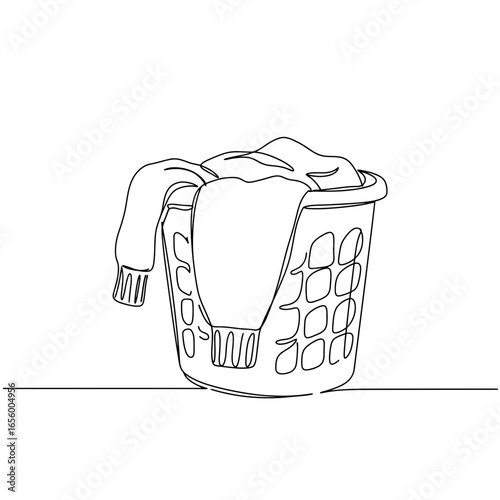 Laundry basket with folded sweater, vector illustration in line art style. Household chores, prepare sweaters and winter clothes for storage