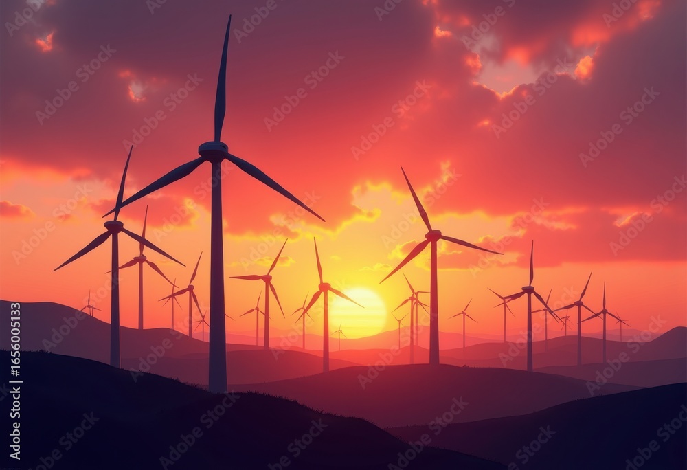 Fototapeta premium wind turbines open sunset sky generating renewable energy silhouetted blades vibrant colors, cloud, landscape, horizon, nature, outdoors, scenery, dusk, view
