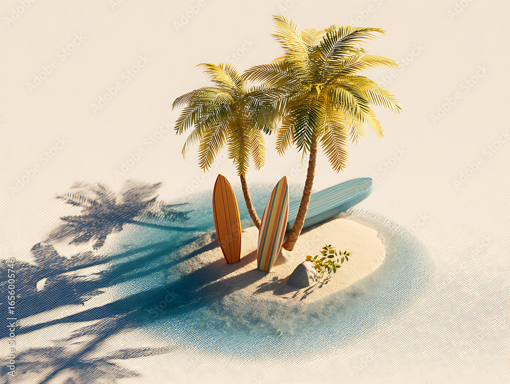 Obraz premium Palm trees and surfboards under the late afternoon sun, empty space
