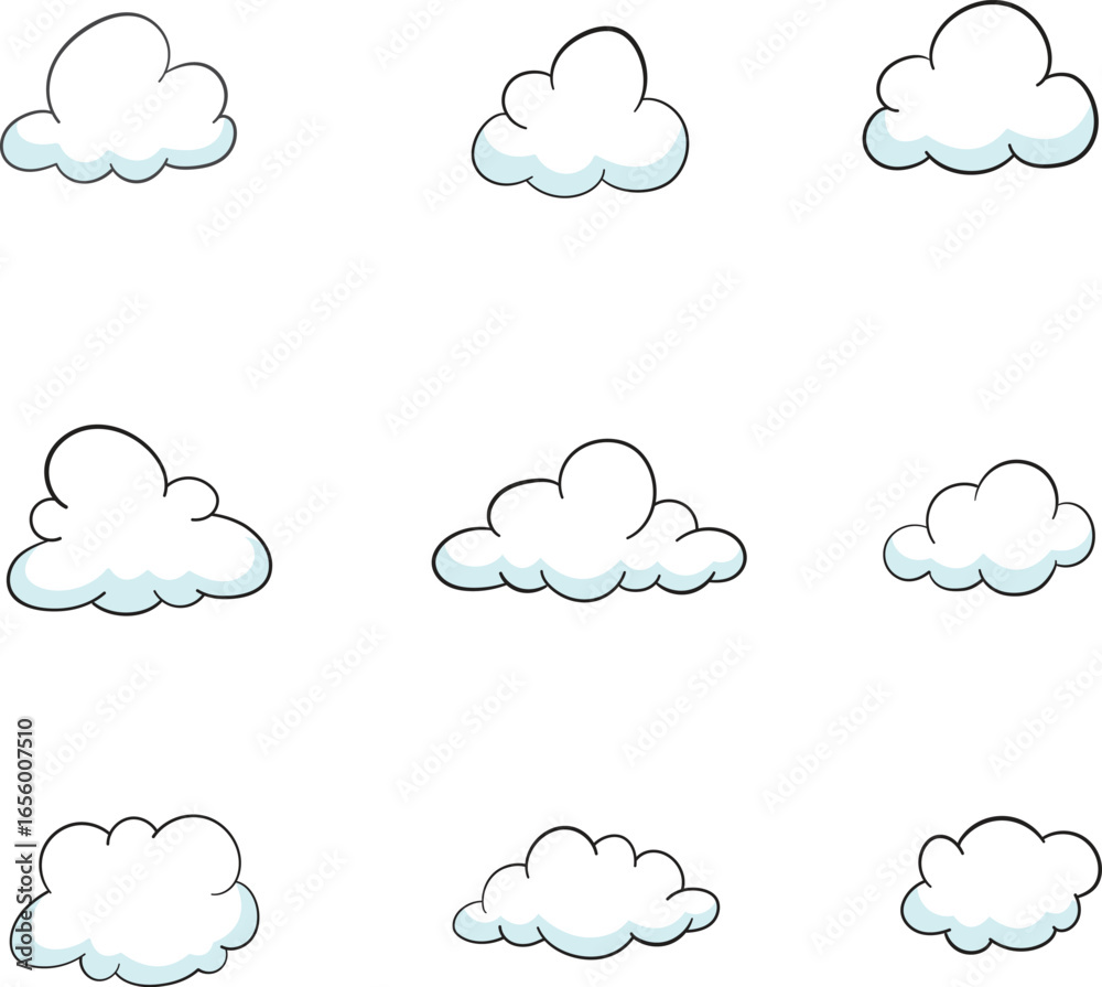 Fototapeta premium Cute cloud sky vector isolated cartoon style. Cloud in outline and blue shadow clip art hand drawn illustration for asset, book, children, design, poster