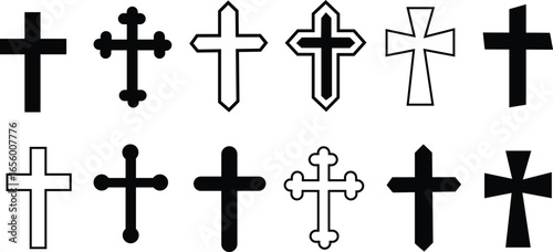 Christian cross silhouette icon set – filled style religious symbols for faith and spirituality: celtic cross, crucifix, inri, thorn crown, ornate cross, plain cross, broken cross, radiant cross