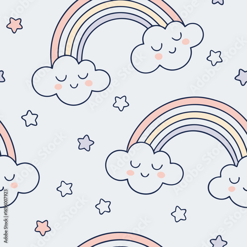 Cute pastel rainbow and cloud seamless pattern with stars vector