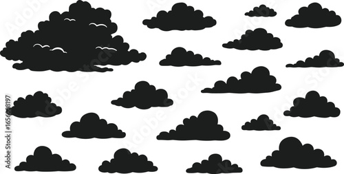 Dark black clouds illustration, stormy sky concept, gloomy weather design, silhouette of clouds, ominous atmosphere, digital vector art.