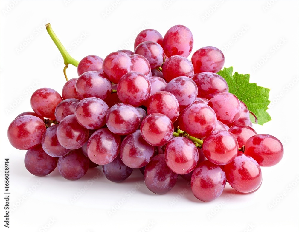 Fototapeta premium High resolution photo of a fresh bunch of red grapes with green stem, isolated on white background