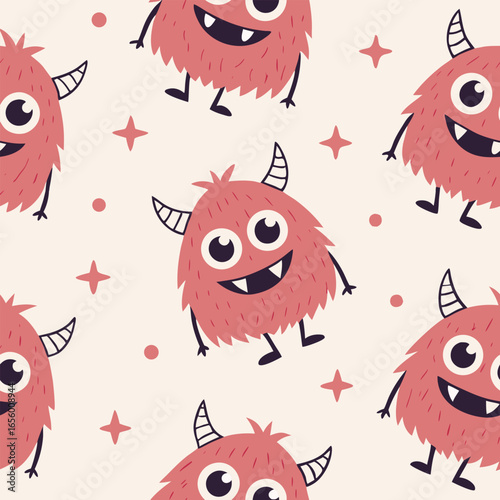 Cute pink fuzzy monsters with horns and stars seamless pattern cartoon