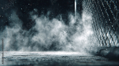 Close up the ground and the cage with smoke effect around , action mood.