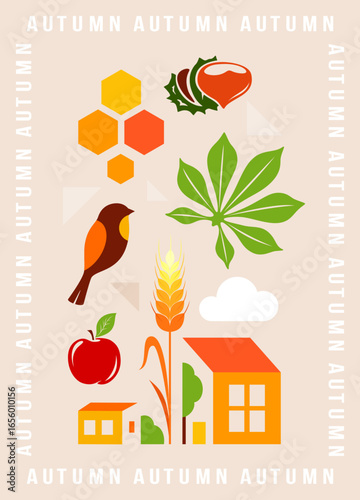 Autumn colorful poster. Chestnut, leaf, apple, bird, town and wheat. Vector illustration.