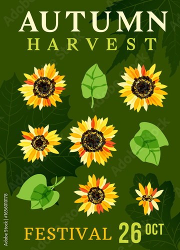 Autumn colorful poster. Sunflowers with leaves. Vector illustration. Harvest festival invitation.