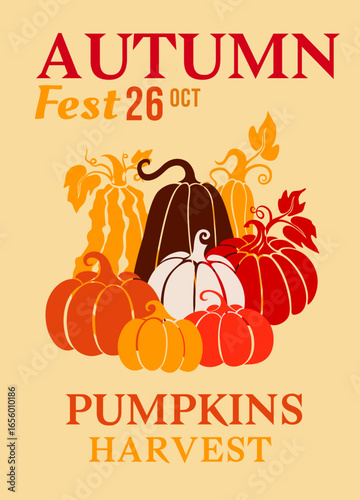 Autumn colorful poster. Different pumpkins. Vector illustration. Harvest festival invitation.