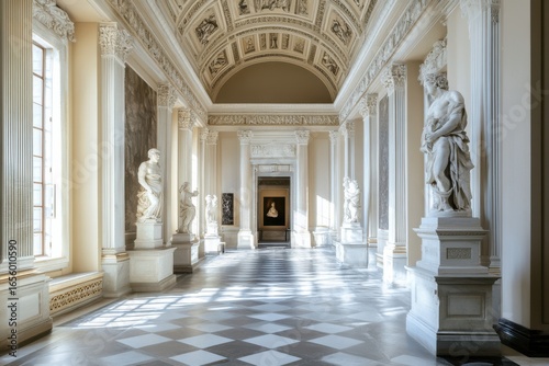 Hallway with statues and checkered floor
