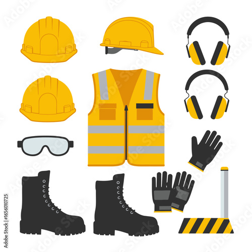 A vector illustration showcases essential construction safety equipment, including a hard hat, safety vest, ear protection, goggles, gloves, boots, and a barrier, all on white.